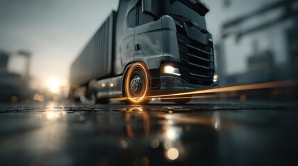 A data visualization overlay showcasing AI trucks in a 360-degree view.