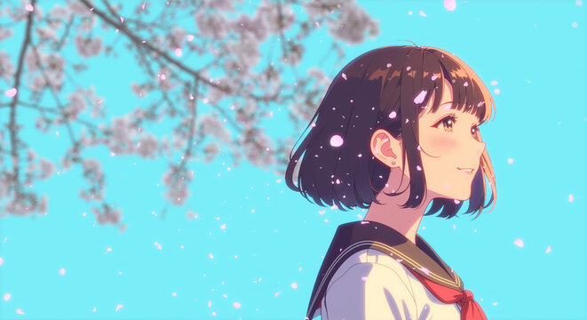 春・風に舞う桜の花吹雪・花びら　風に向かい空を見上げ髪をなびかせる女子学生・女の子の横顔　日本の入学・卒業・新生活・希望　テキストスペースと青い背景　アニメ・漫画タッチ