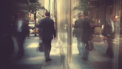 Blurry photograph of suited men walking near a glass storefront, reflecting light
