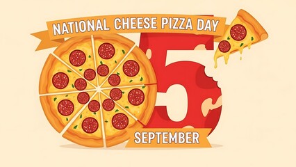 Celebrating the delicious arrival of national cheese pizza day on the fifth of september with a large pepperoni pizza illustration and a single slice dripping melted cheese sauce illustration.
