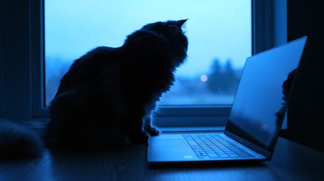 Silhouette of a fluffy grey cat sitting on a windowsill looking at a laptop screen at night with a blue ambient light.