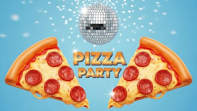 Appetizing pepperoni pizza slices frame vibrant metallic text advertising a fun pizza party celebration underneath a shimmering disco ball against a bright blue backdrop - Powered by Adobe