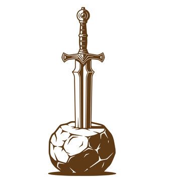 Drawing Vintage excalibur sword stuck in stone rock isolated on white background