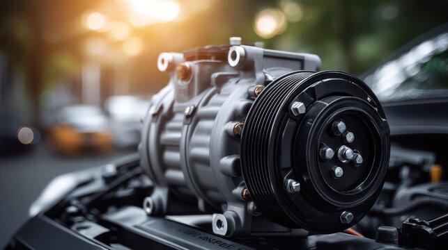 AC compressor and condenser unit showcased in a vehicle's engine compartment.