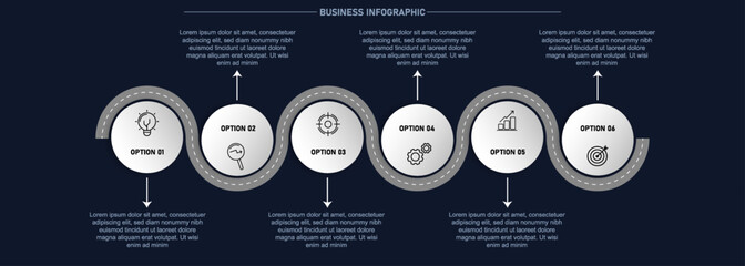 Dark Business Roadmap Infographic with Curved Road and Six Process Steps