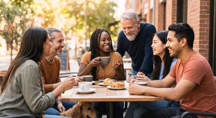 Diverse group of multi-ethnic friends enjoying coffee and conversation at an outdoor cafe laughing together and representing community connection