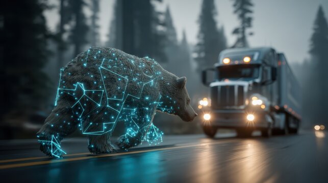 An autonomous truck detecting and stopping for wildlife in a safe manner.