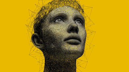 Wireframe Portrait of a Human Head Gazing Upward Against Yellow Background in Futuristic Digital Art