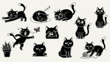 Collection of black cat illustrations in various poses and emotions. © Sugi
