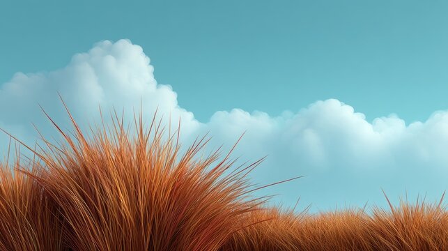 Lush, Vibrant Grass Blades against a Clear Blue Sky with Fluffy White Clouds Creating a Serene and Peaceful Nature Scene