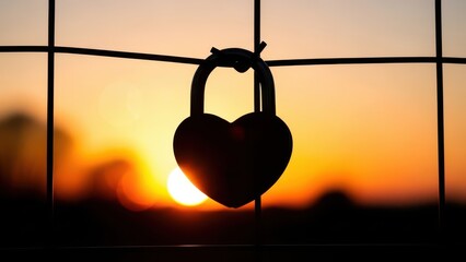 Heart-shaped lock at sunset symbolizing eternal love