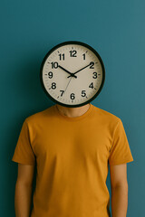 A surreal portrait of a person wearing a yellow t-shirt with a large analog clock replacing their head.