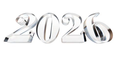 Isolated happy new year 2026 glass letter 3d illustration.