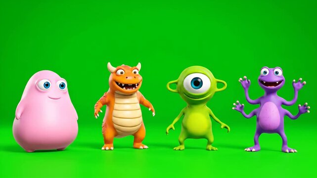 Four Animated Characters Dancing on a Green Screen Background