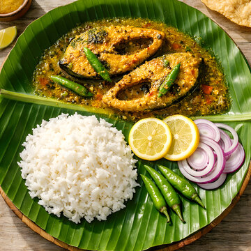 Traditional Bengali Hilsa Fish Curry Served with Steamed Rice on Banana Leaf, Garnished with Lemon Slices and Red Onion