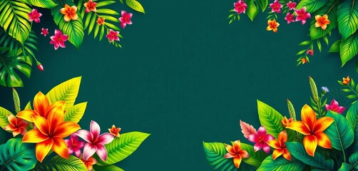 Vibrant tropical leaves and flowers form a festive border on a sun-drenched banner, perfect for summer events,  flowers,  nature