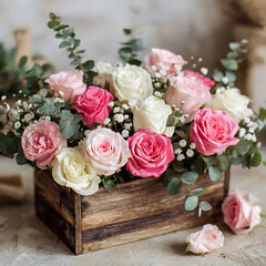 Beautiful flower arrangement with pink and white roses in a rustic wooden box, concept for floral gift or spring decor.
