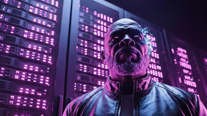 A futuristic man with a metallic eye implant standing before a backdrop of purple-lit computer servers - Powered by Adobe