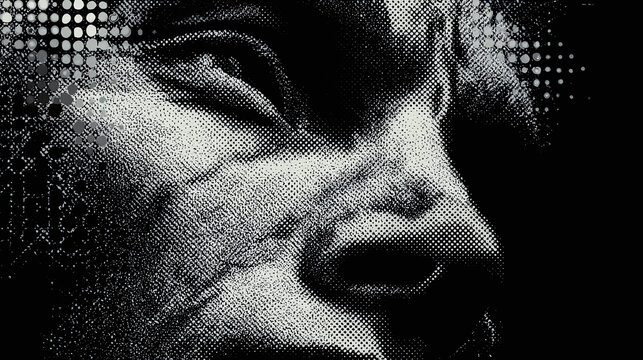 An intense close-up of a human face, rendered in striking black and white