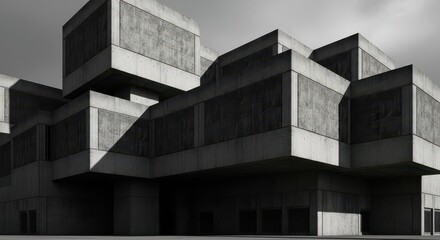 Stark geometric concrete building facade creates dramatic shadows under an overcast sky
