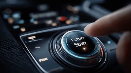 'Future Start' appears on a computerized display as a hand presses the start button of a futuristic automobile. idea of modern technology.