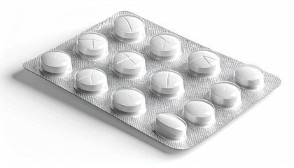 White pills pressed into blister pack, angled view, close-up shot, on white background, medication.
