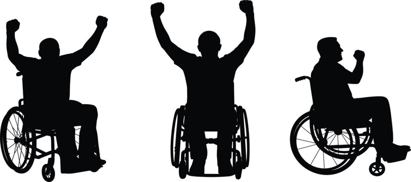 Excited wheelchair user silhouettes with arms raised in celebration, accessibility and empowerment success vector set