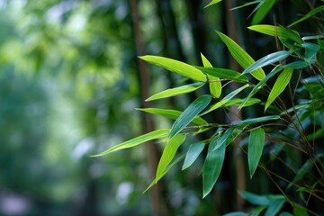Close-up of vibrant green bamboo leaves with blurred background
