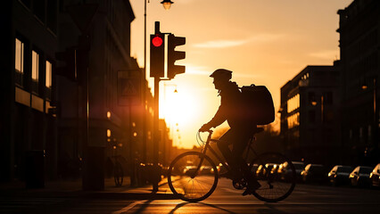 Silhouetted Delivery Cyclist on City Street at Golden Hour Sunset with Red Traffic Light