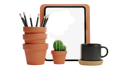 Desk setup with tablet, pencils, cactus, and coffee mug