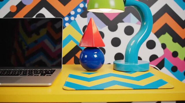 Brightly Colored Desk with Laptop Geometric Shapes and Abstract Patterned Wallpaper and Desk Lamp