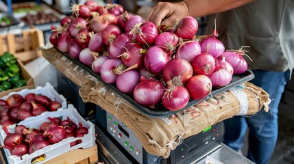 A worker is using a industrial scale to weigh a large sack of onions before tying it closed