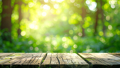 Serene forest scene with wooden deck, vibrant greenery, and sunlight filtering through trees, creating a peaceful atmosphere from a low viewpoint.