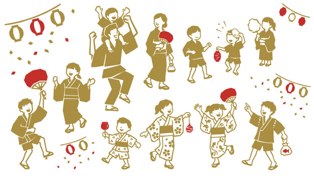 夏祭りの版画風イラストセット。浴衣姿の親子や子供たちが盆踊りや屋台を楽しむベクター素材