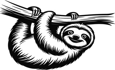 Obraz premium Sloth hanging on a branch sketch, cute wildlife animal line art vector illustration set