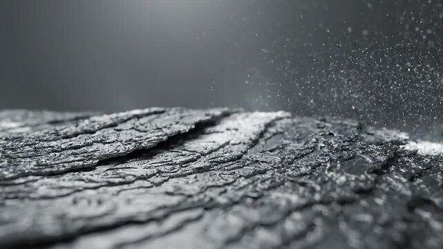 Monochrome close-up of textured, rough surface with speckled light particles and soft focus
