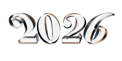 Isolated happy new year 2026 glass letter 3d illustration.
