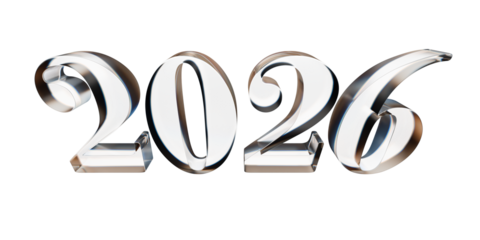 Isolated happy new year 2026 glass letter 3d illustration.