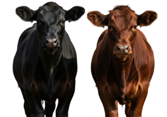 Two cows, one black and one brown, isolated on transparent background