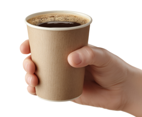 Hand holding brown disposable coffee cup with drink, isolated on transparent background