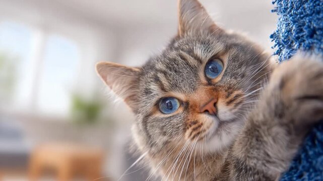Curious Gaze: A captivating feline with striking blue eyes, tenderly interacting with a textured surface, fills the frame with its inquisitive gaze.