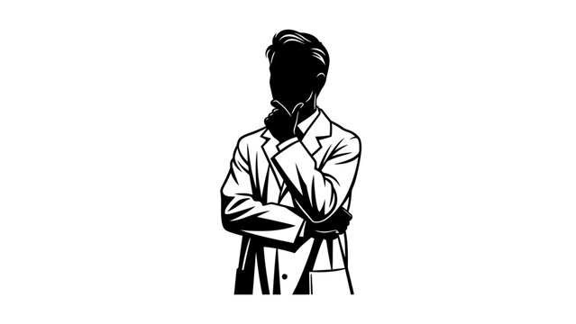 Silhouette scientist thinking, contemplating, wearing lab coat