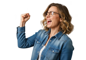 Excited woman cheering isolated on transparent background with a denim jacket