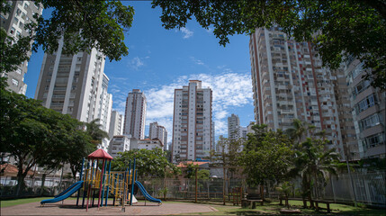 Sunny Urban Playground Surrounded by Tall Apartment Buildings and Lush Greenery