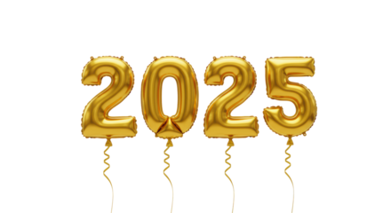 Four metallic golden foil helium balloons spelling '2025' with elegant golden ribbons, gently floating against a transparent background with copy space. New Year celebration atmosphere