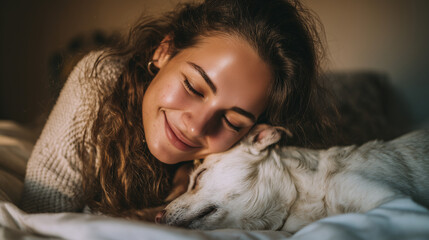 Joyful Woman Cuddling With Dog On Bed In Cozy Morning Light, Warmth, And Affection