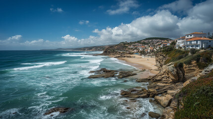 Coastal Village Overlooking Rugged Cliffs, White Houses, And Blue Ocean Along Sunny Seaside