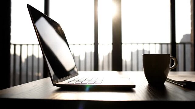 Laptop computer and coffee mug on a wooden desk bathed in warm morning sunlight streaming through a window with vertical blinds creating a serene work from home atmosphere