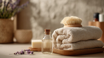 Spa Essentials With Towels, Lavender And Soap On Wooden Tray For Relaxation
