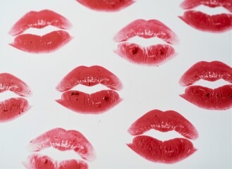 Obraz premium Red lipstick kiss marks patterned on a white background